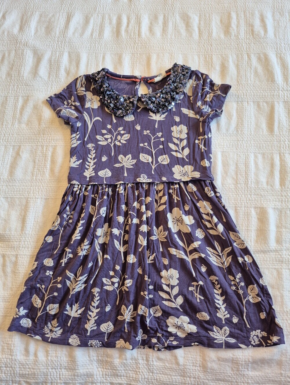 Mini Boden girls 3-4 years purple sequin collar dress leaves acorns flowers
